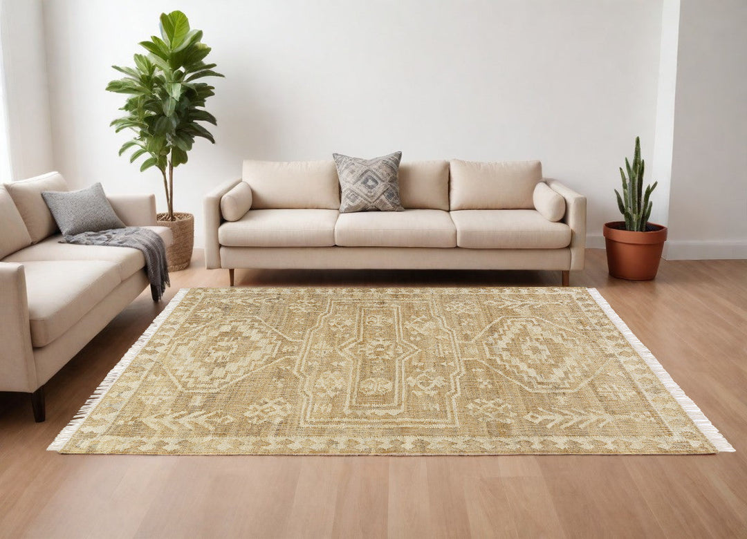 8 Runner Natural and Ivory Medallion Hand Woven Area Rug Image 6