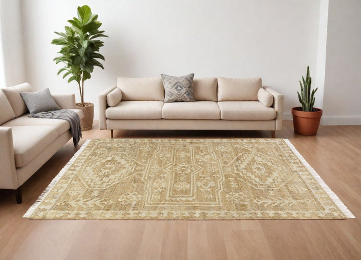 8 Runner Natural and Ivory Medallion Hand Woven Area Rug Image 1