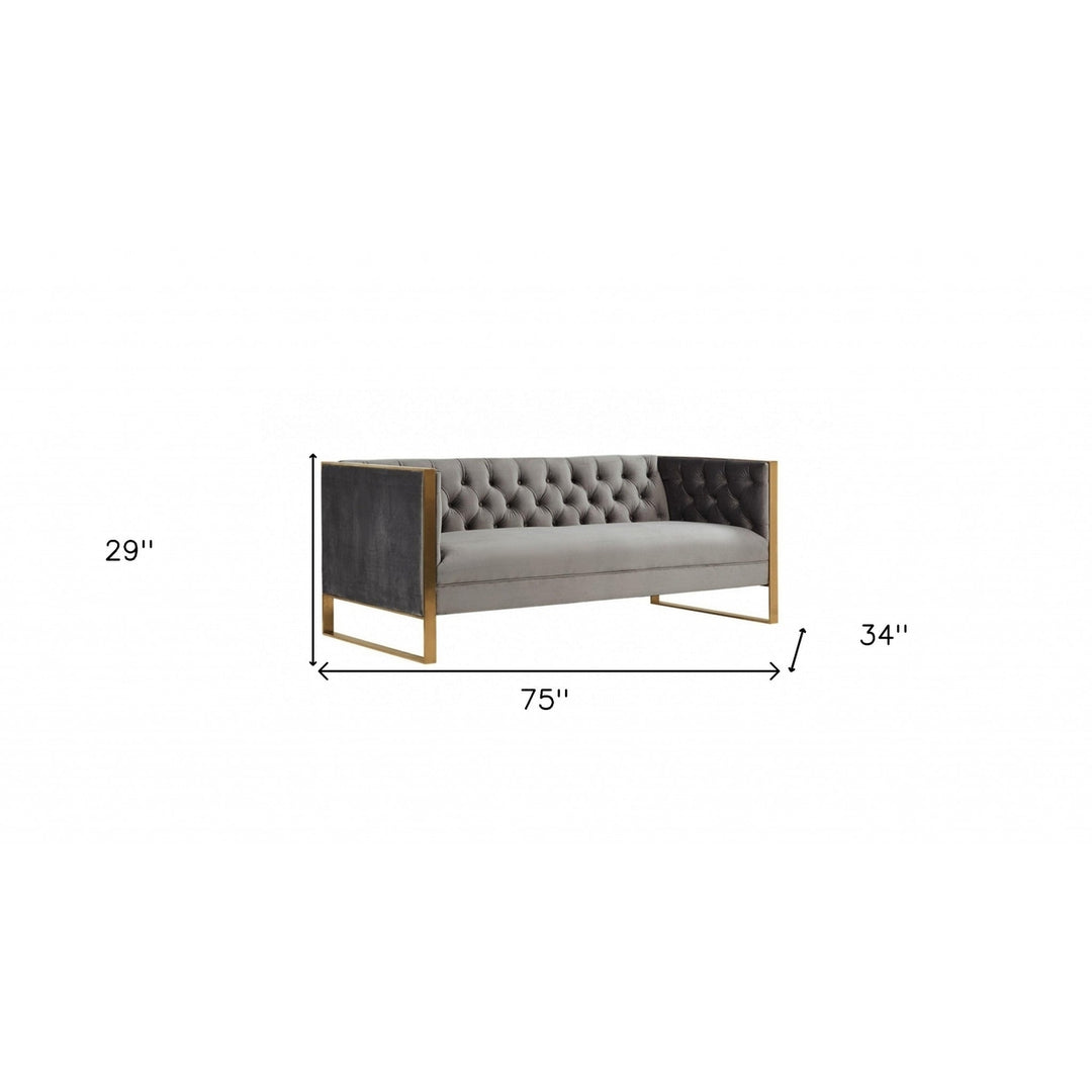 75" Gray Velvet Sofa With Gold Legs Image 2