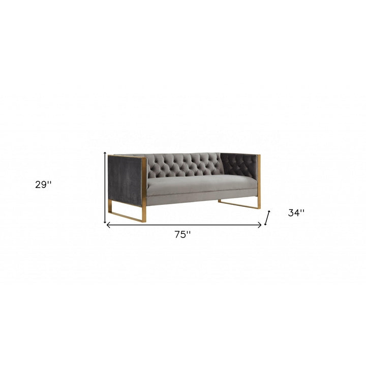 75" Gray Velvet Sofa With Gold Legs Image 2