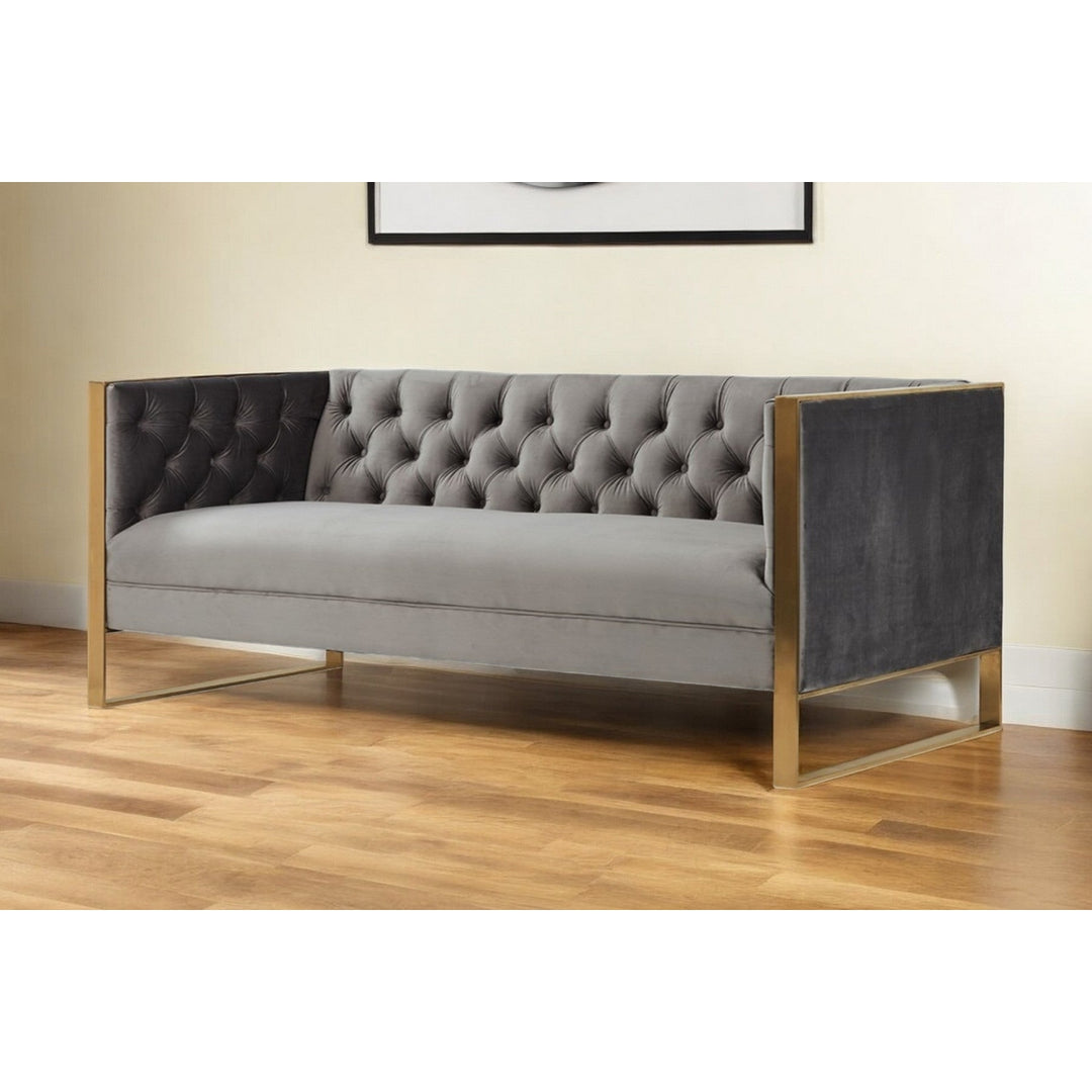 75" Gray Velvet Sofa With Gold Legs Image 5