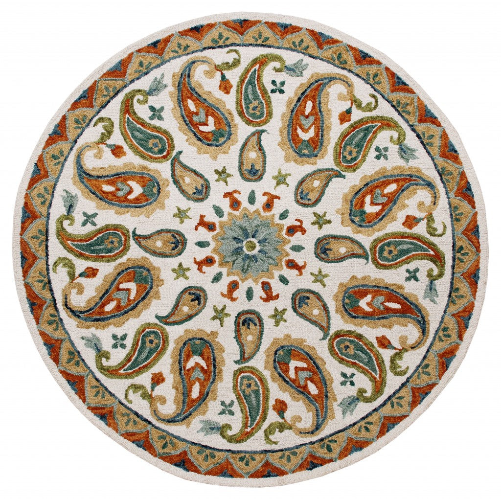 7 Round Orange and White Paisley Area Rug Image 1