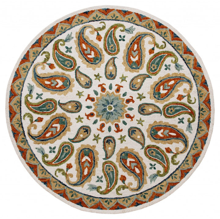 7 Round Orange and White Paisley Area Rug Image 1