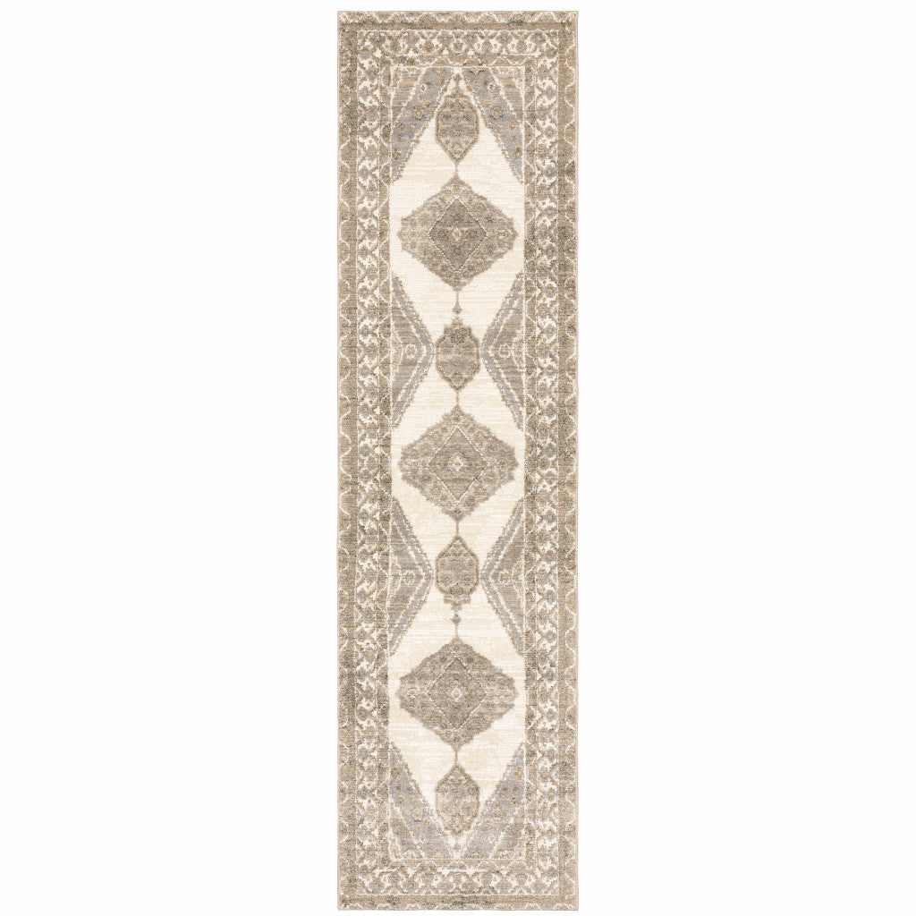 8 Runner Beige and Ivory Oriental Power Loom Runner Rug Image 1