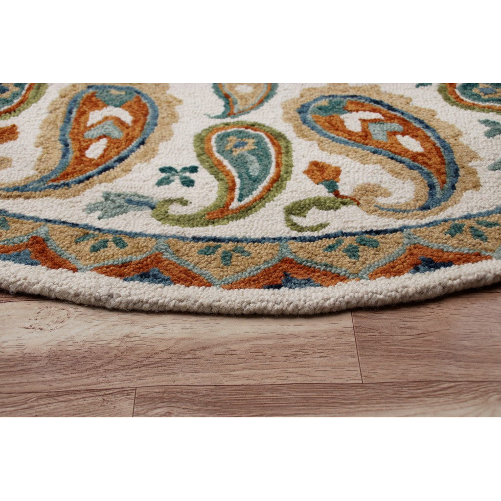 7 Round Orange and White Paisley Area Rug Image 5