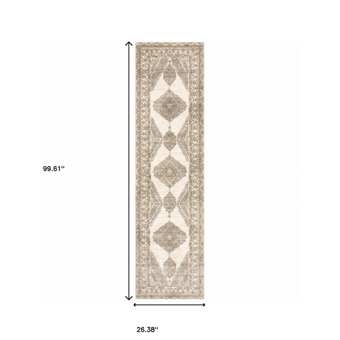 8 Runner Beige and Ivory Oriental Power Loom Runner Rug Image 4