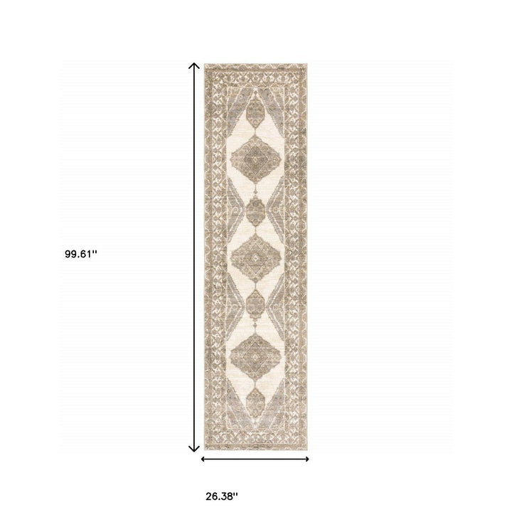 8 Runner Beige and Ivory Oriental Power Loom Runner Rug Image 4