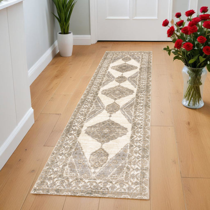 8 Runner Beige and Ivory Oriental Power Loom Runner Rug Image 5