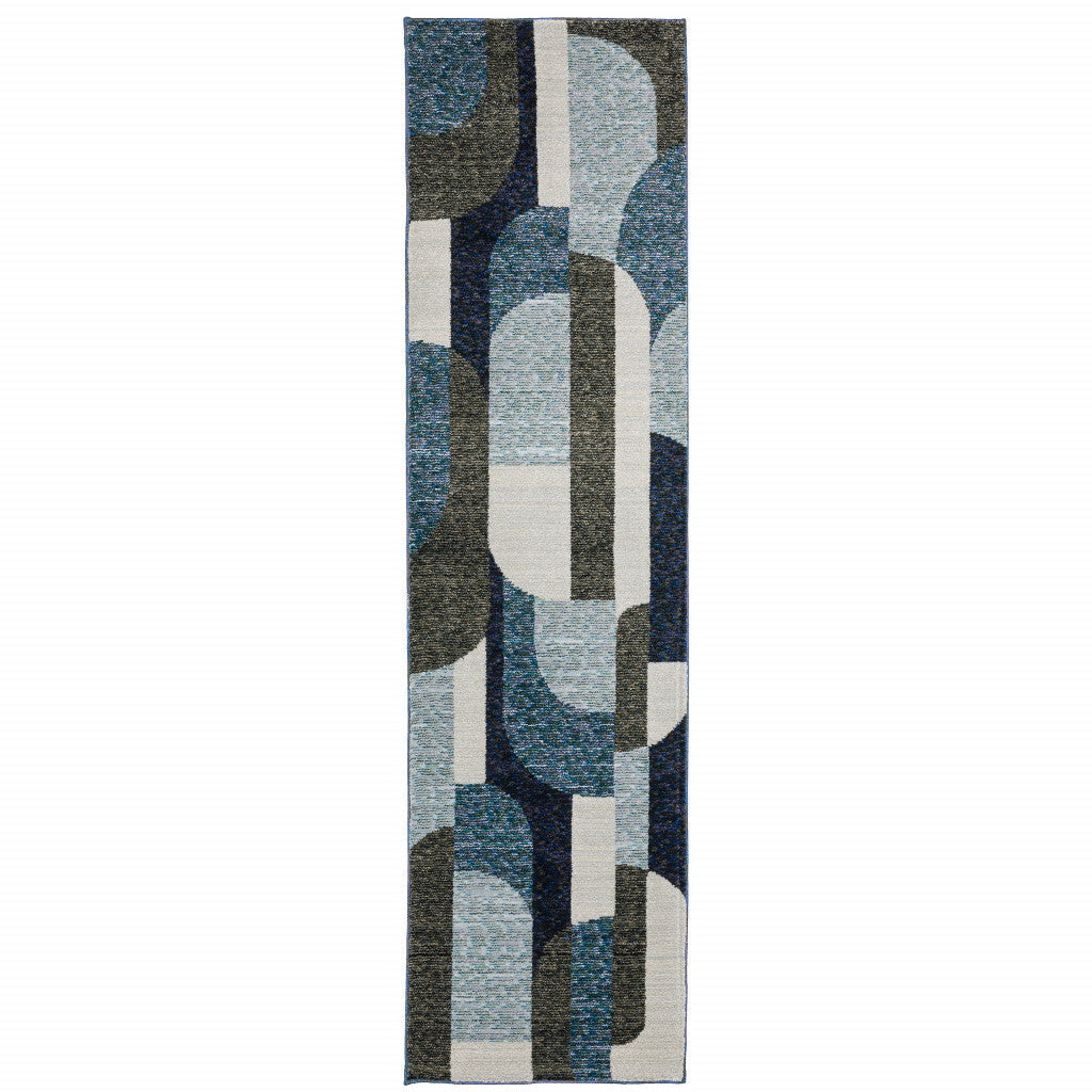 8 Runner Blue and Ivory Geometric Power Loom Runner Rug Image 1