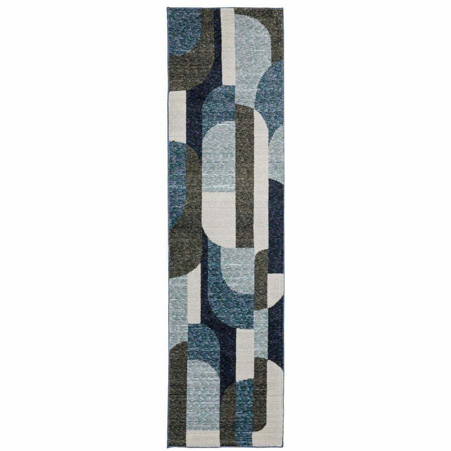 8 Runner Blue and Ivory Geometric Power Loom Runner Rug Image 1