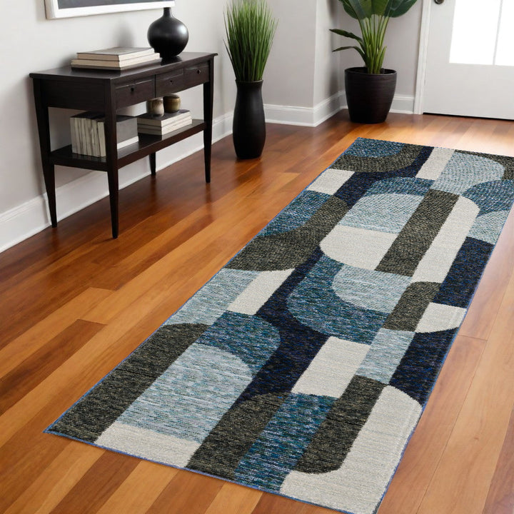 8 Runner Blue and Ivory Geometric Power Loom Runner Rug Image 11