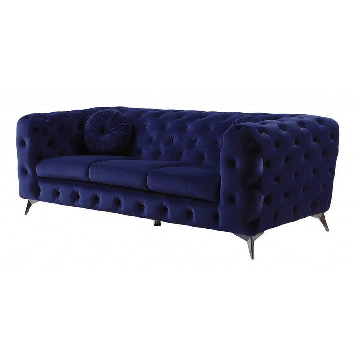 90" Blue Velvet Sofa With Silver Legs Image 1