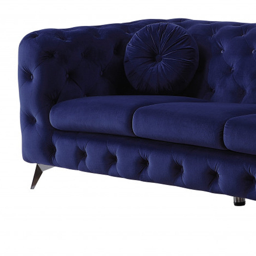 90" Blue Velvet Sofa With Silver Legs Image 4