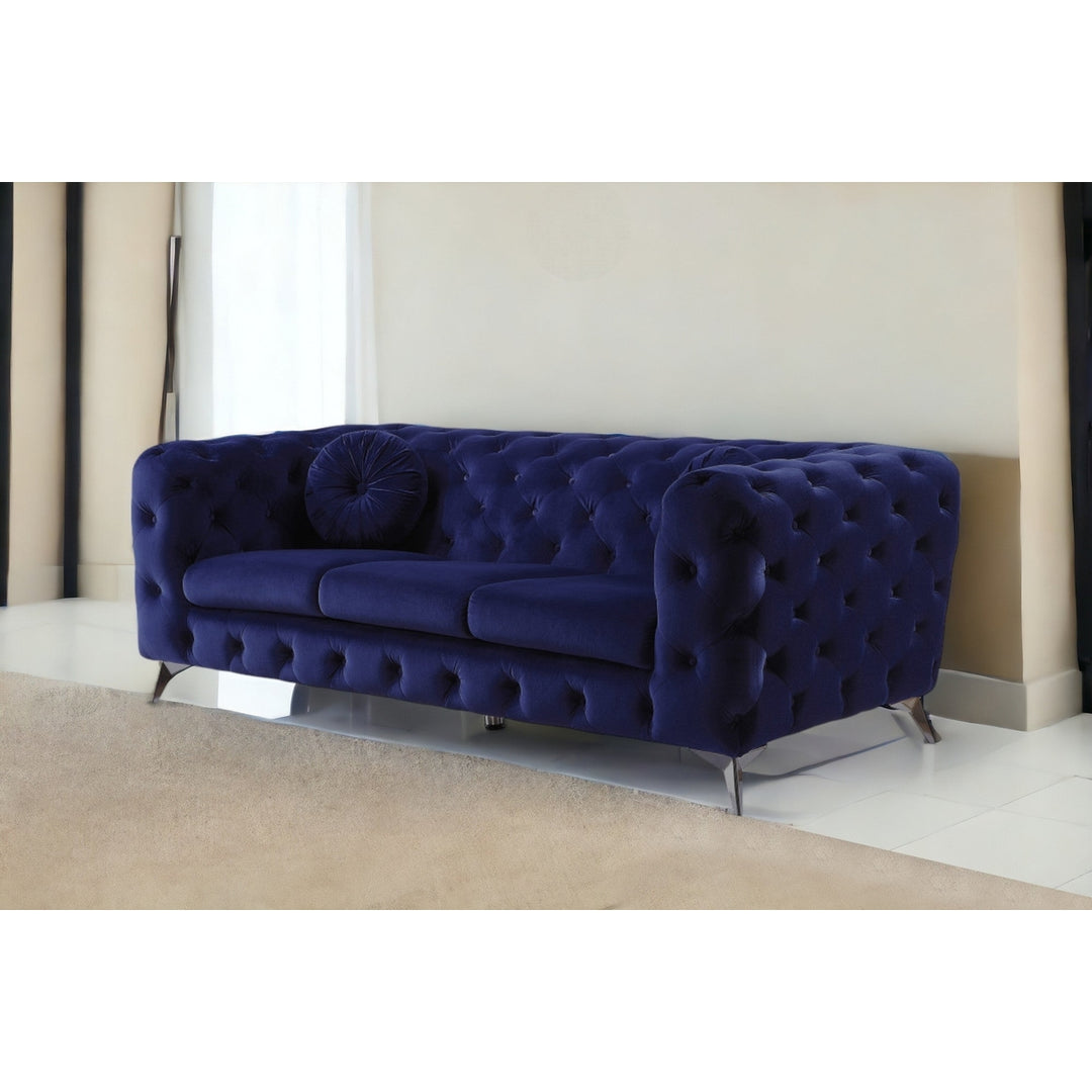 90" Blue Velvet Sofa With Silver Legs Image 5