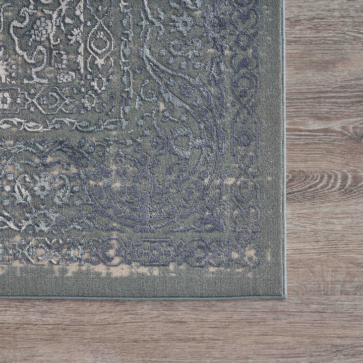 8 X 11 Blue Silver Gray And Cream Damask Distressed Stain Resistant Area Rug Image 6