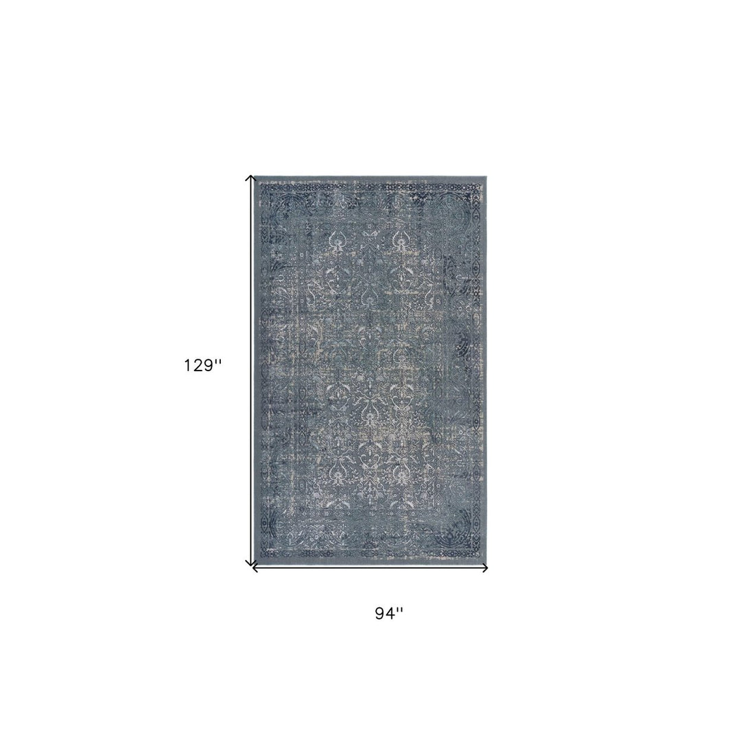 8 X 11 Blue Silver Gray And Cream Damask Distressed Stain Resistant Area Rug Image 8