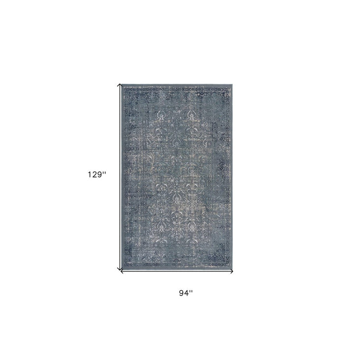 8 X 11 Blue Silver Gray And Cream Damask Distressed Stain Resistant Area Rug Image 8