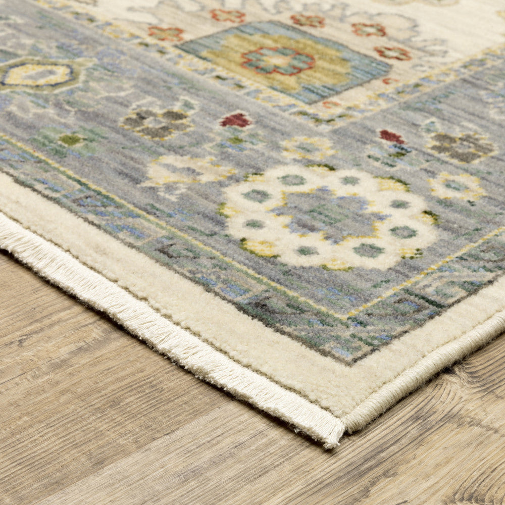 8 X 11 Ivory Blue Grey Teal Gold Green And Rust Oriental Power Loom Stain Resistant Area Rug With Fringe Image 2