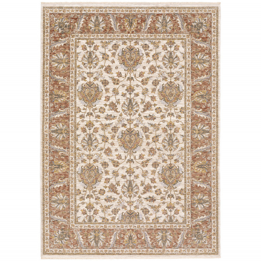 8 X 11 Rust And Ivory Oriental Power Loom Stain Resistant Area Rug With Fringe Image 1