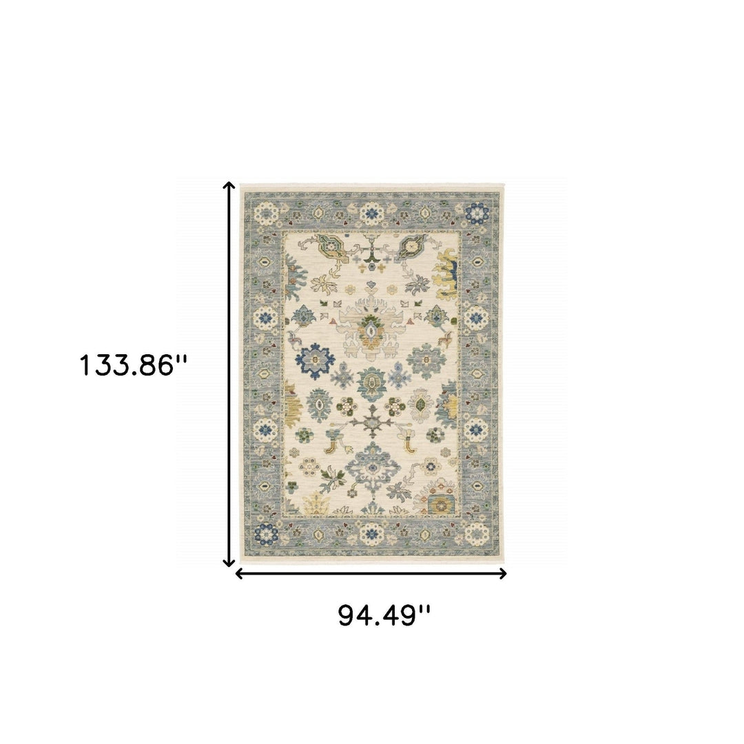 8 X 11 Ivory Blue Grey Teal Gold Green And Rust Oriental Power Loom Stain Resistant Area Rug With Fringe Image 10