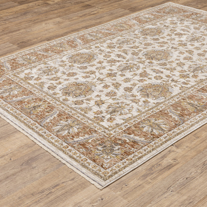 8 X 11 Rust And Ivory Oriental Power Loom Stain Resistant Area Rug With Fringe Image 4