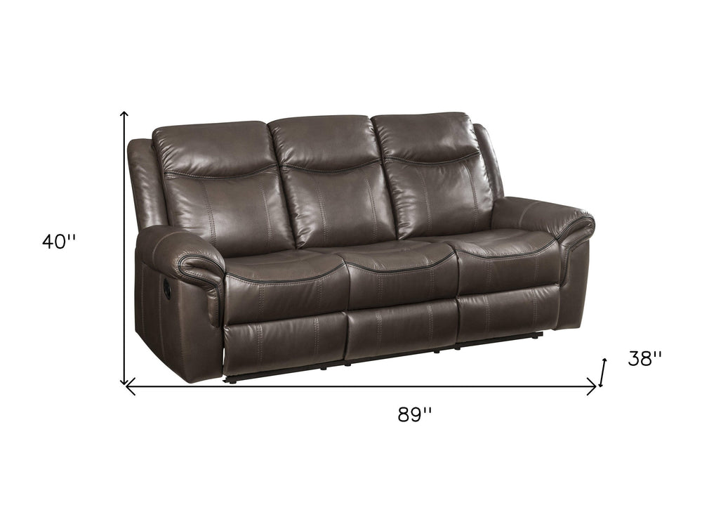 89" Brown Faux Leather Reclining USB Sofa With Black Legs Image 2