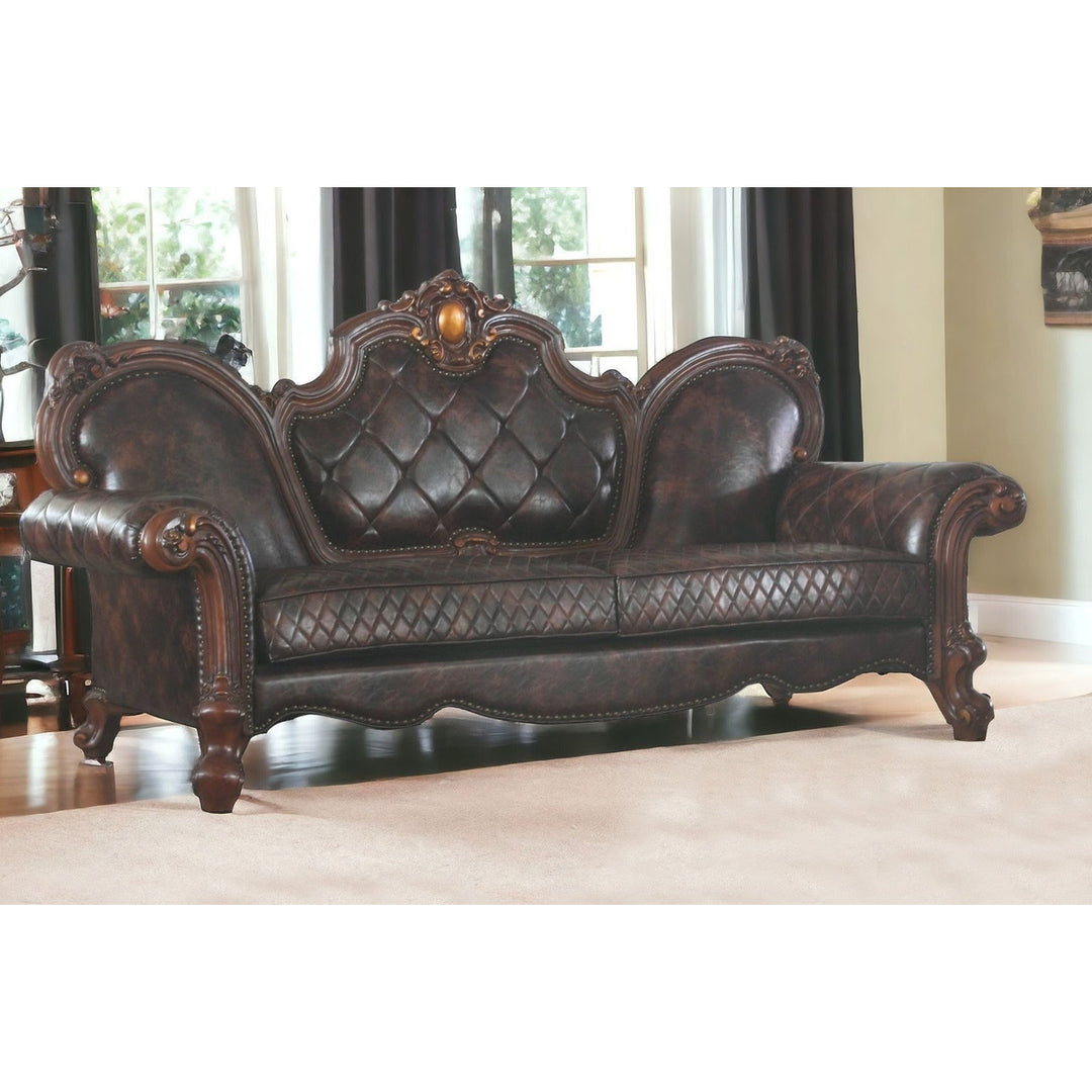 93" Dark Brown Faux Leather Sofa And Toss Pillows Image 5