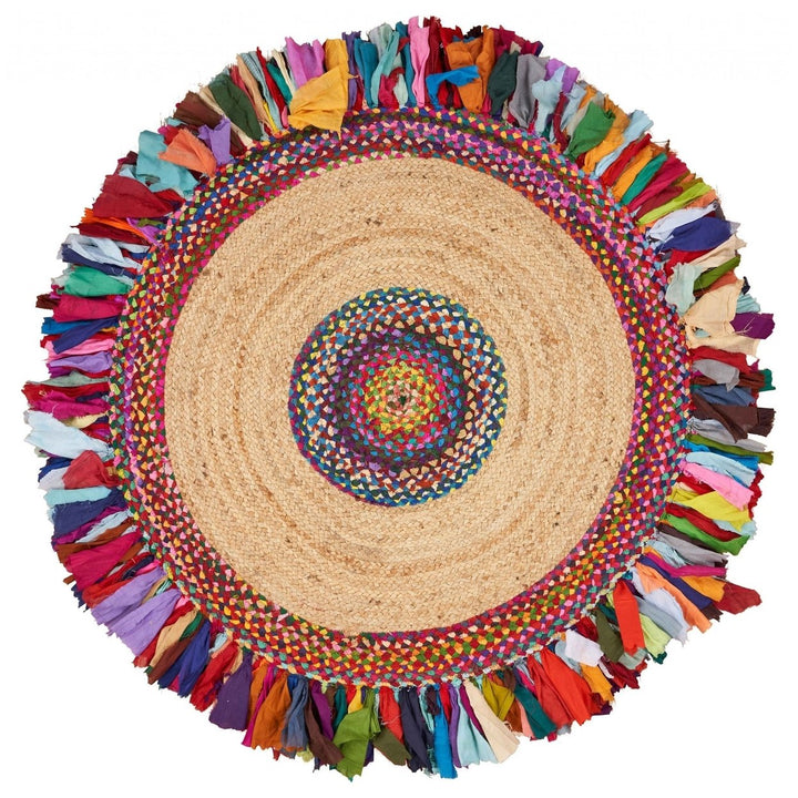 Natural Jute Multicolored Medallion Area Rug With Fringe Image 1