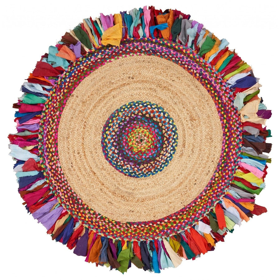 Natural Jute Multicolored Medallion Area Rug With Fringe Image 1