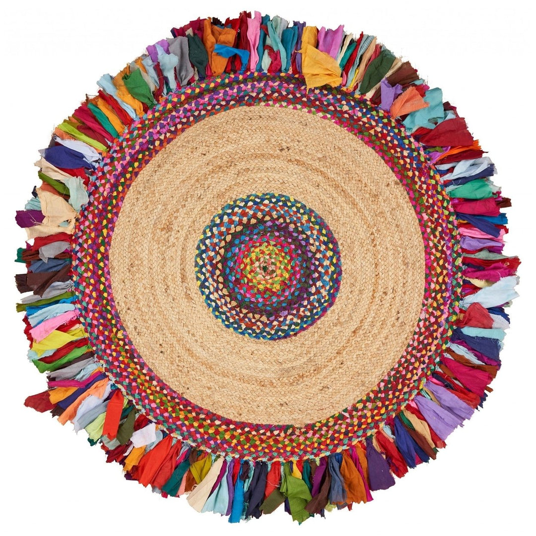 Natural Jute Multicolored Medallion Area Rug With Fringe Image 2