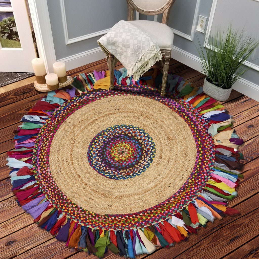 Natural Jute Multicolored Medallion Area Rug With Fringe Image 7