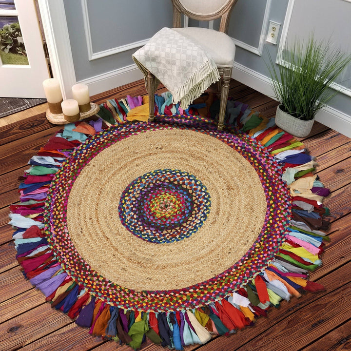 Natural Jute Multicolored Medallion Area Rug With Fringe Image 8