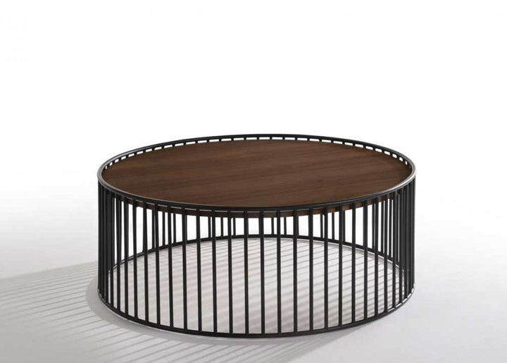 Modern Walnut and Black Metal Rods Round Coffee Table Image 1