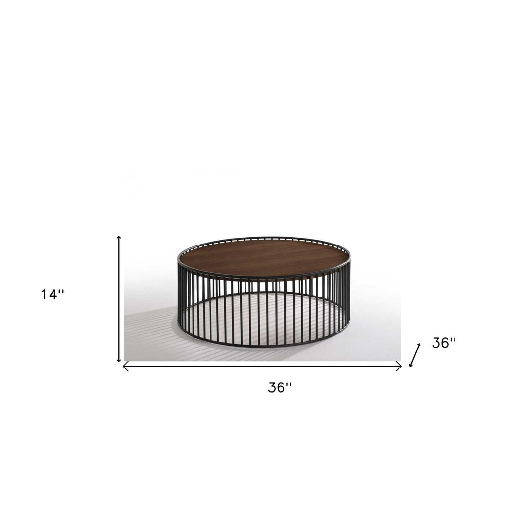 Modern Walnut and Black Metal Rods Round Coffee Table Image 7