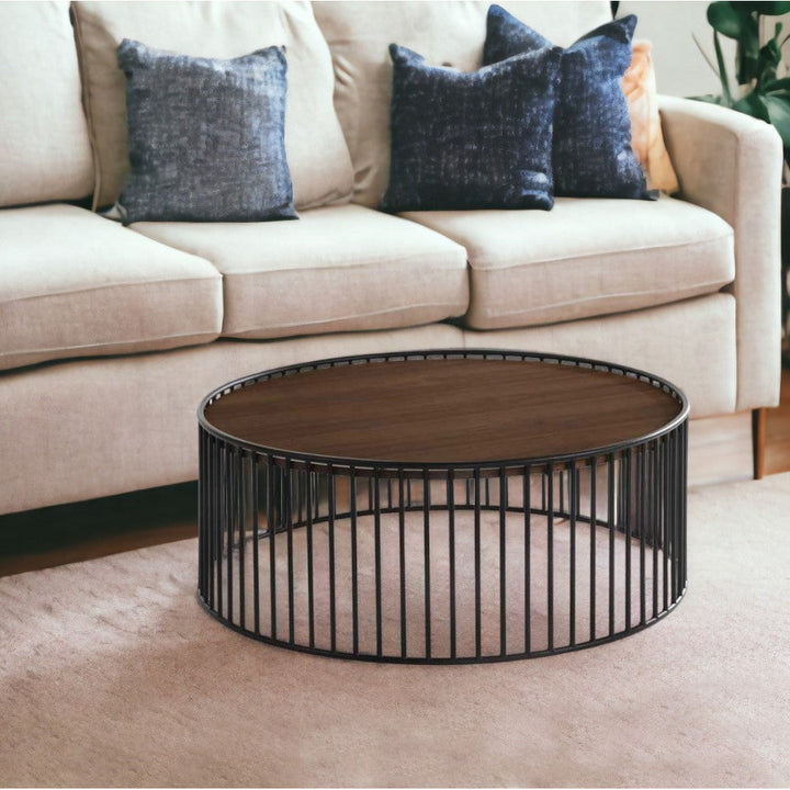 Modern Walnut and Black Metal Rods Round Coffee Table Image 8