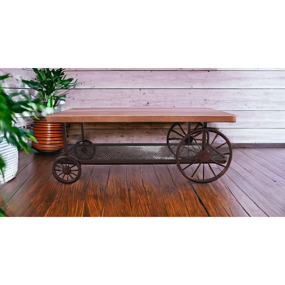 Rectangular Oak Finish Coffee Table With Metal Mesh Bottom Shelf Image 2