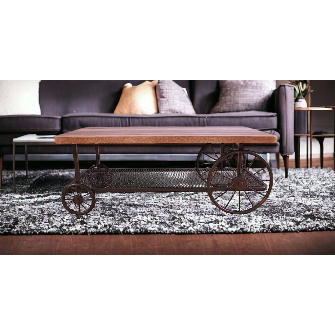 Rectangular Oak Finish Coffee Table With Metal Mesh Bottom Shelf Image 3