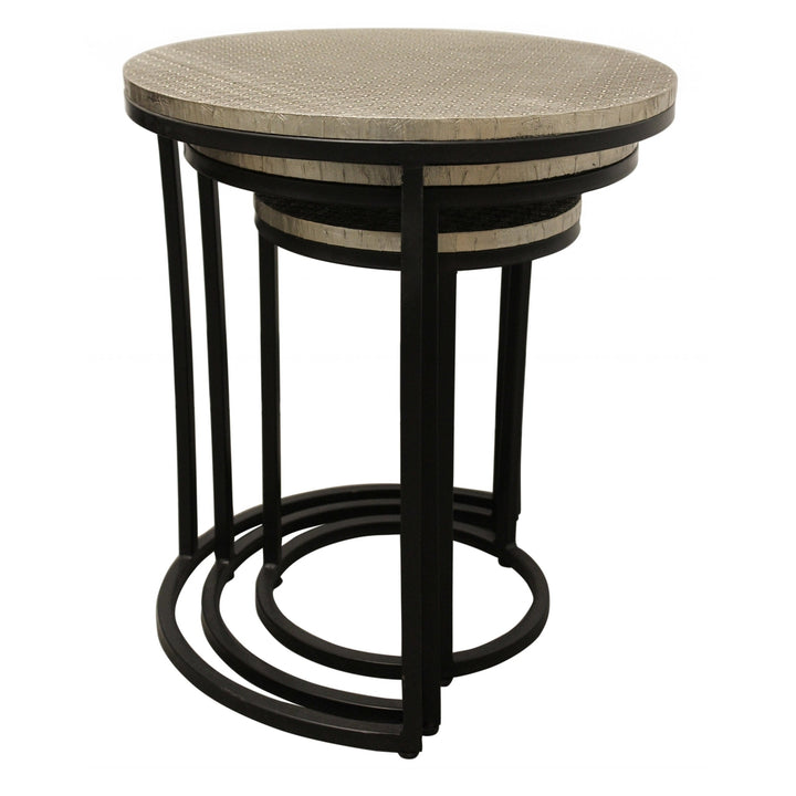 Set Of Three 19" Black And Silver Round Nested Tables Image 3