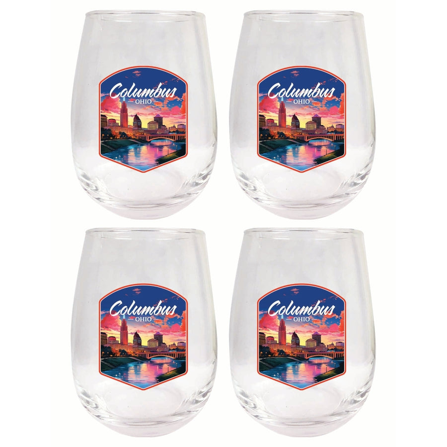 Columbus Ohio Sunset Cityscape Design Souvenir 15 oz Stemless Wine Glass 4-Pack Image 1