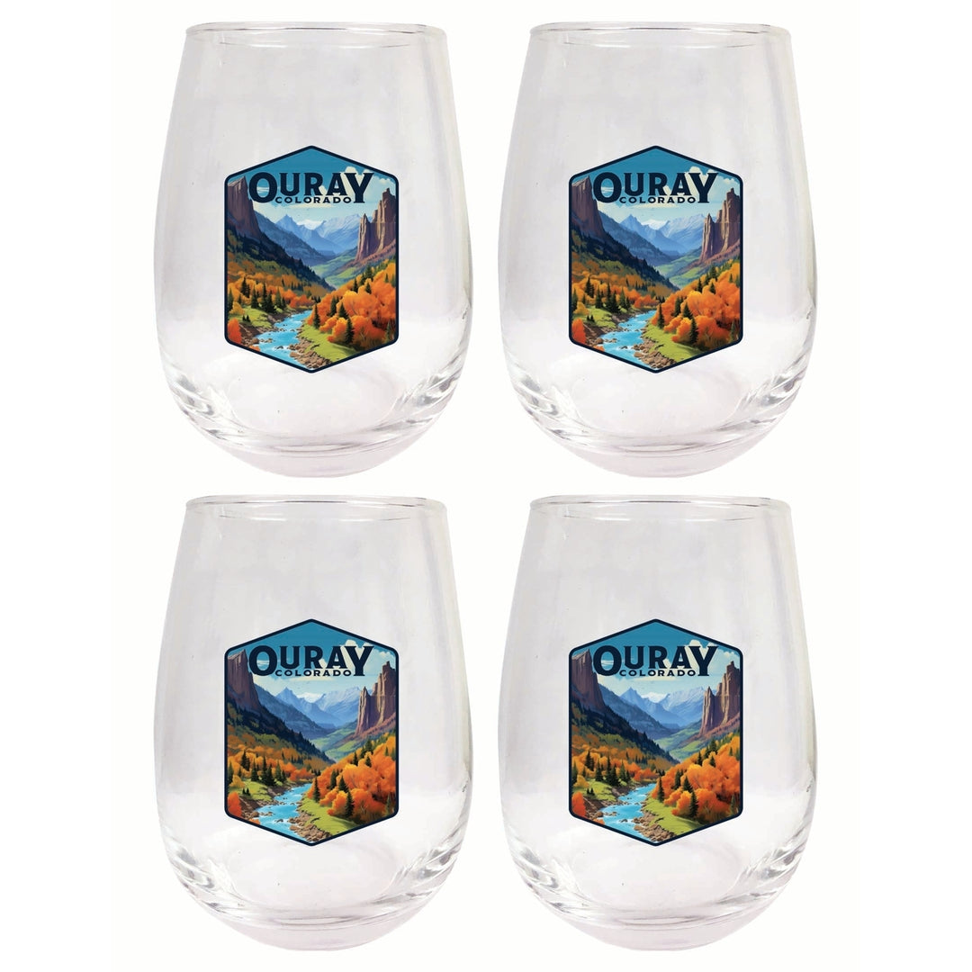 Ouray Colorado Mountain and River Design Souvenir 15 oz Stemless Wine Glass 4-Pack Image 1