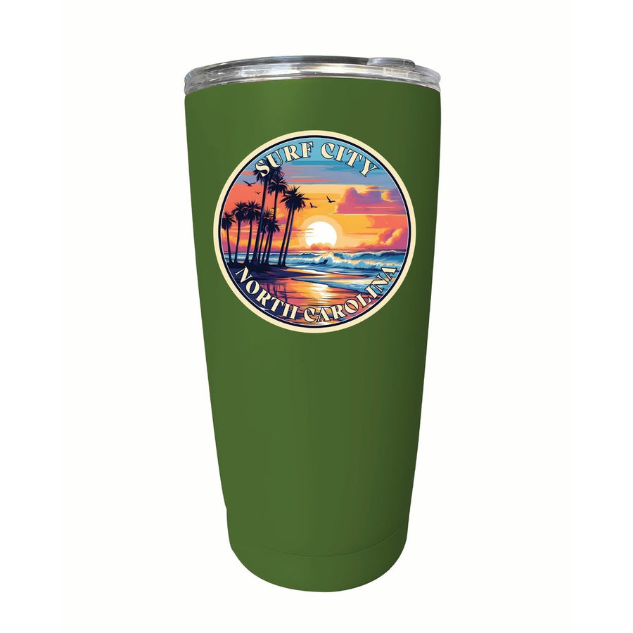 Surf City North Carolina Palm Sunset Design Souvenir 16 oz Stainless Steel Insulated Tumbler Image 1