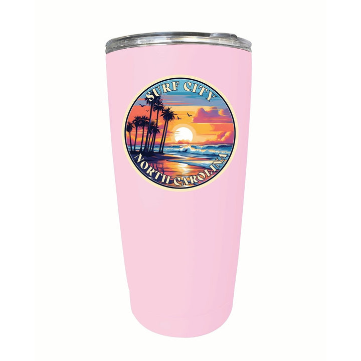 Surf City North Carolina Palm Sunset Design Souvenir 16 oz Stainless Steel Insulated Tumbler Image 1