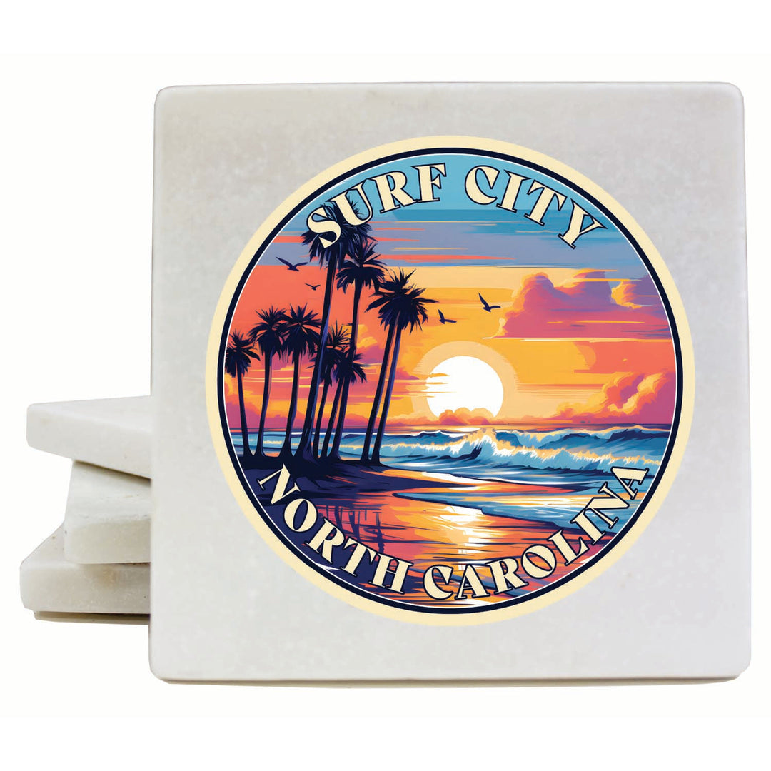 Surf City North Carolina Palm Sunset Design Souvenir 4x4-Inch Coaster Marble 4 Pack Image 1