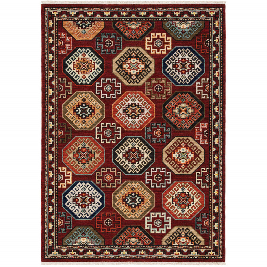 10 X 13 Red Blue Brown And Beige Oriental Power Loom Stain Resistant Area Rug With Fringe Image 1