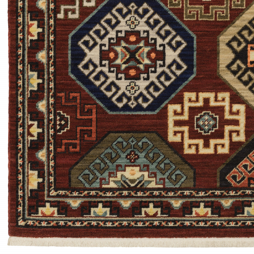 10 X 13 Red Blue Brown And Beige Oriental Power Loom Stain Resistant Area Rug With Fringe Image 8