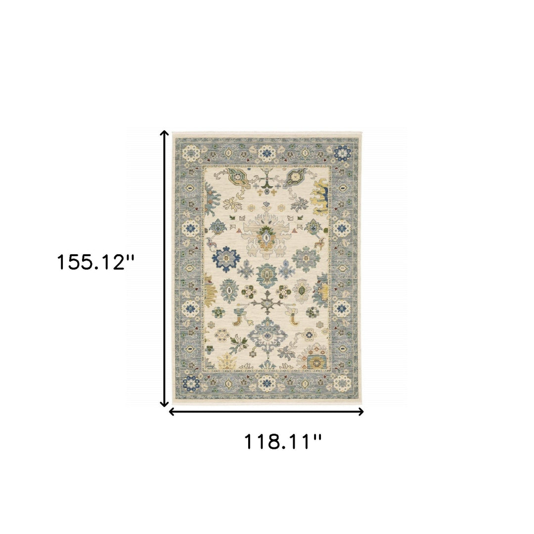 10 X 13 Ivory Blue Grey Teal Gold Green And Rust Oriental Power Loom Stain Resistant Area Rug With Fringe Image 10