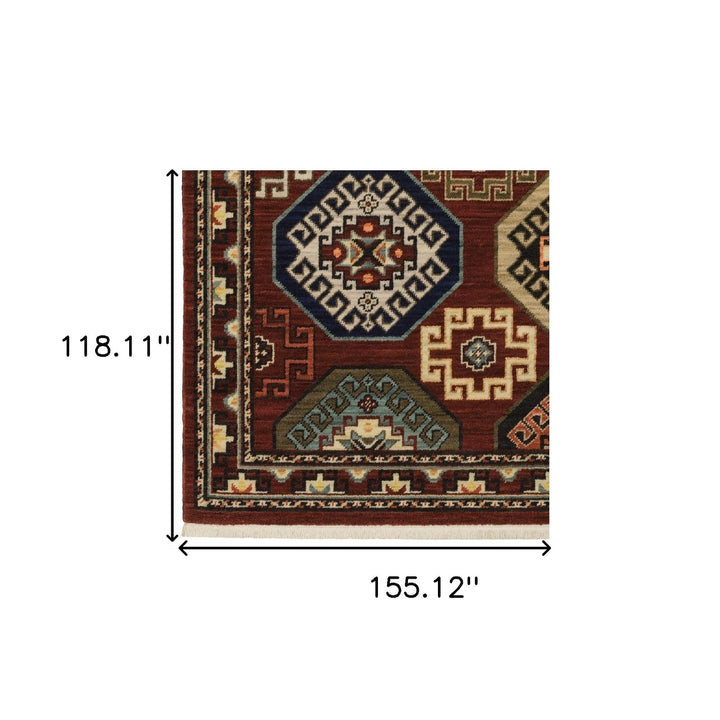 10 X 13 Red Blue Brown And Beige Oriental Power Loom Stain Resistant Area Rug With Fringe Image 11