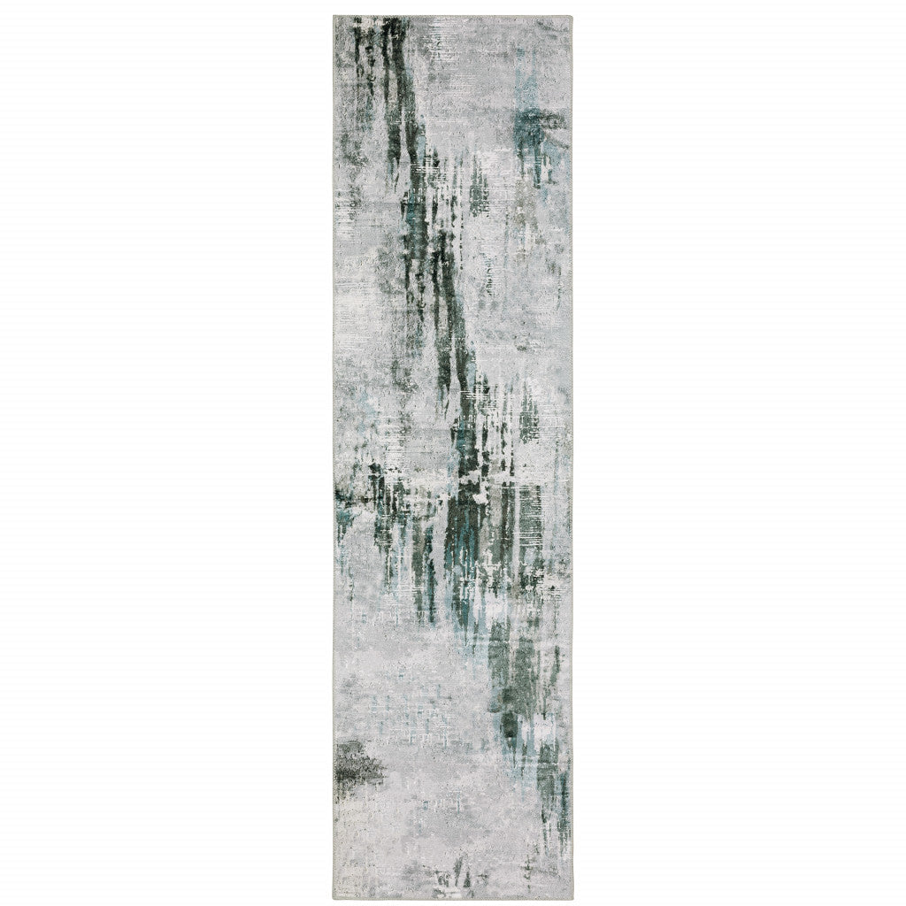 2 X 8 Silver Grey Teal Blue And Charcoal Abstract Printed Stain Resistant Non Skid Runner Rug Image 1