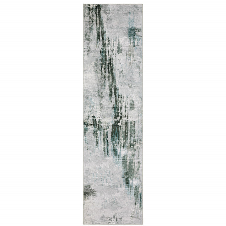 2 X 8 Silver Grey Teal Blue And Charcoal Abstract Printed Stain Resistant Non Skid Runner Rug Image 1