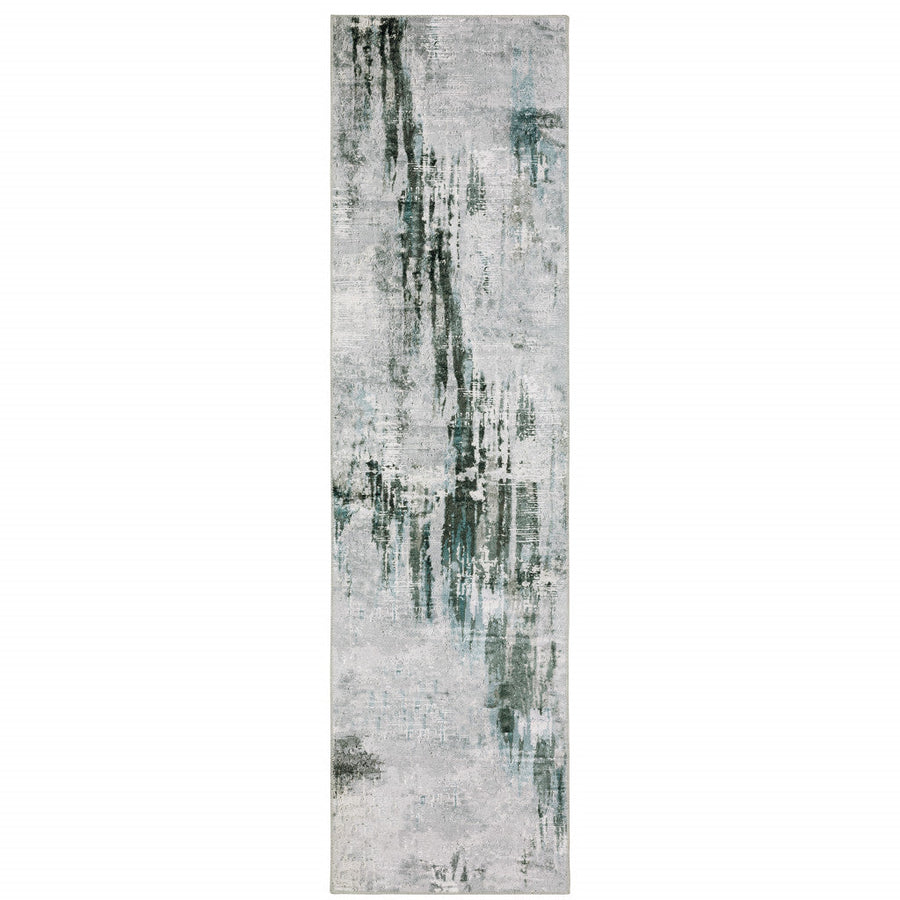 2 X 8 Silver Grey Teal Blue And Charcoal Abstract Printed Stain Resistant Non Skid Runner Rug Image 1